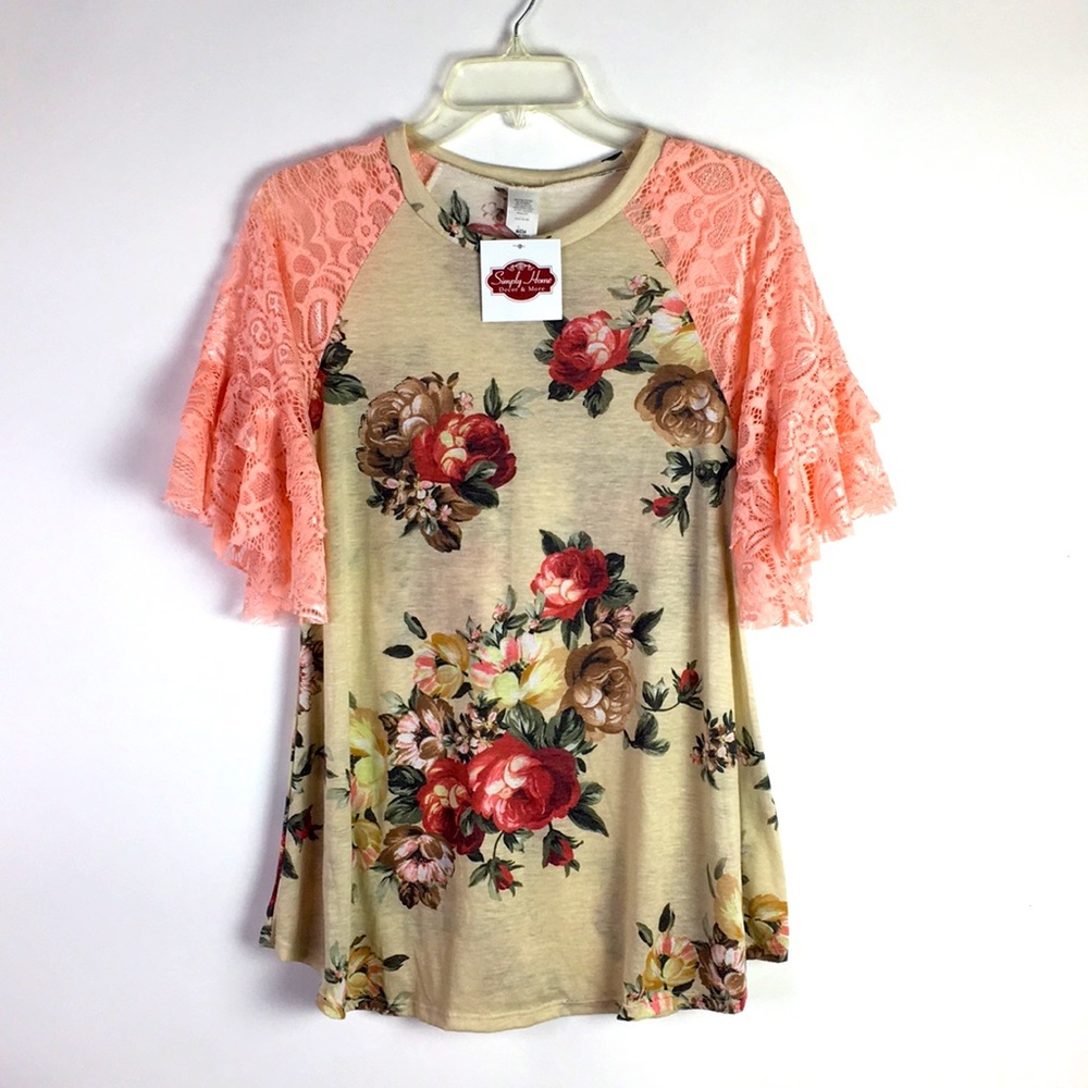Simply Home Knit Top S Floral Lace Sleeves *A